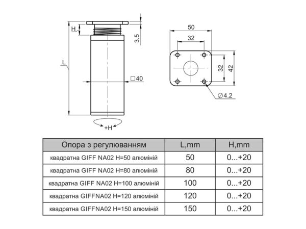 Ножка регулируемая NA02 Н-100 мм квадратная 40х40 мм цвет Алюминий GIFF