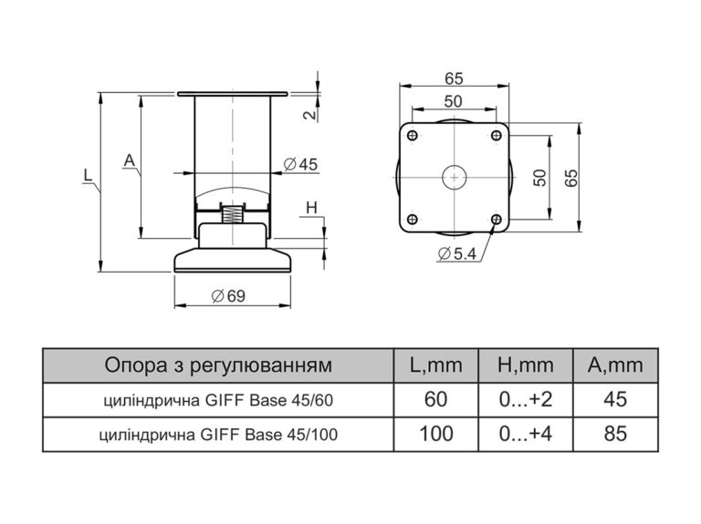 Опора регульована циліндрична GIFF Base 45/100 антична бронза