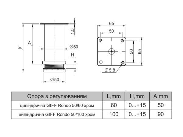 Ніжка меблева регульована циліндрична (кругла) D-50 мм Н-100 мм хром GIFF