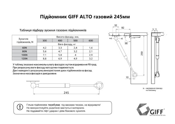 Амортизатор (подъемник, лифт) газовый L-245 мм 100N цвет Белый GIFF Alto