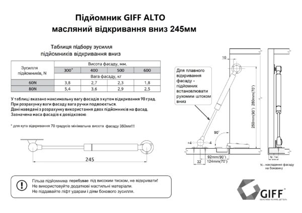 Амортизатор обратного действия (открывание вниз) масляный 60N GiFF Alto Белый