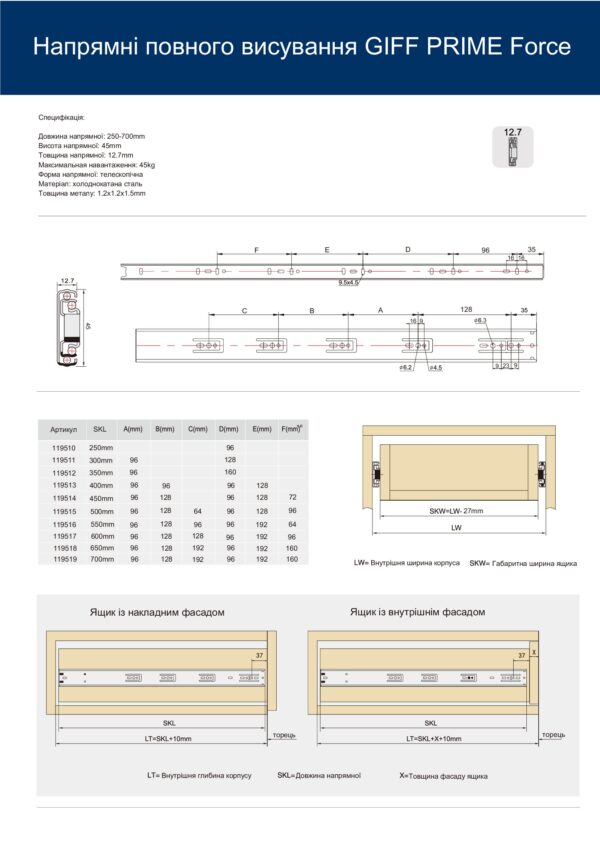 Направляющая полного выдвижения шариковая L-350 H-45 мм GIFF PRIME Force