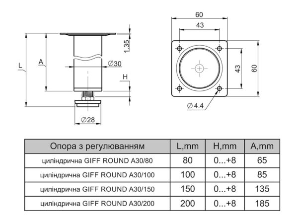 Опора з регулюванням циліндрична GIFF Round-A 30/100 чорний